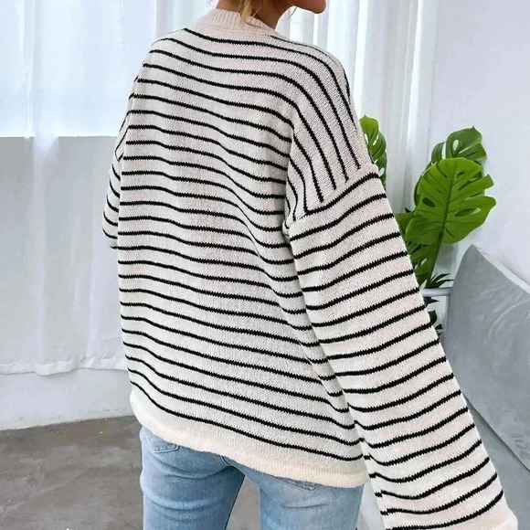 Striped Drop Shoulder Button Front Sweater - Picture 3 of 5